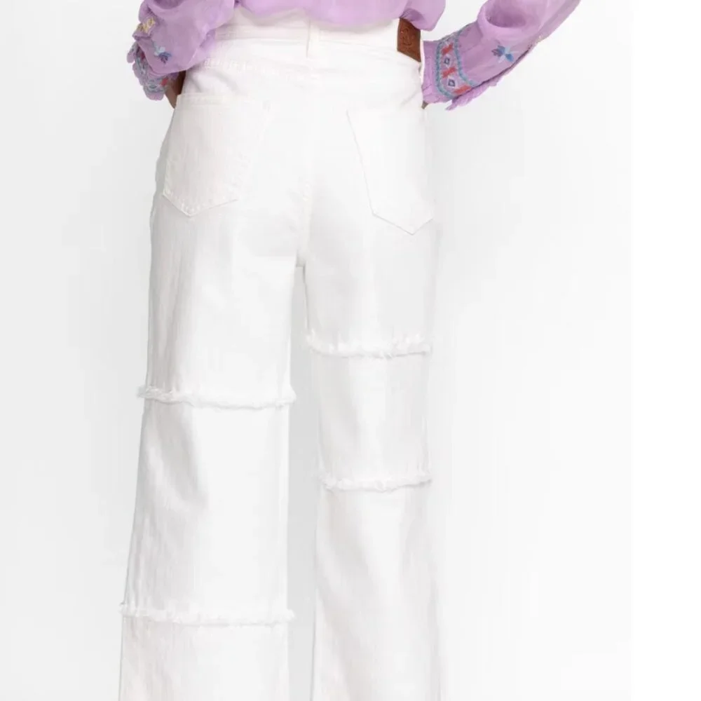 Johnny Was Sevilla Cropped‎ Wide Leg Jean White Cotton Blend Denim Size 26